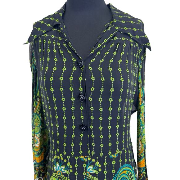 Vintage 70s Psychedelic Paisley Shirt Dress – Black, Green, Floral, M - Picture 12 of 16